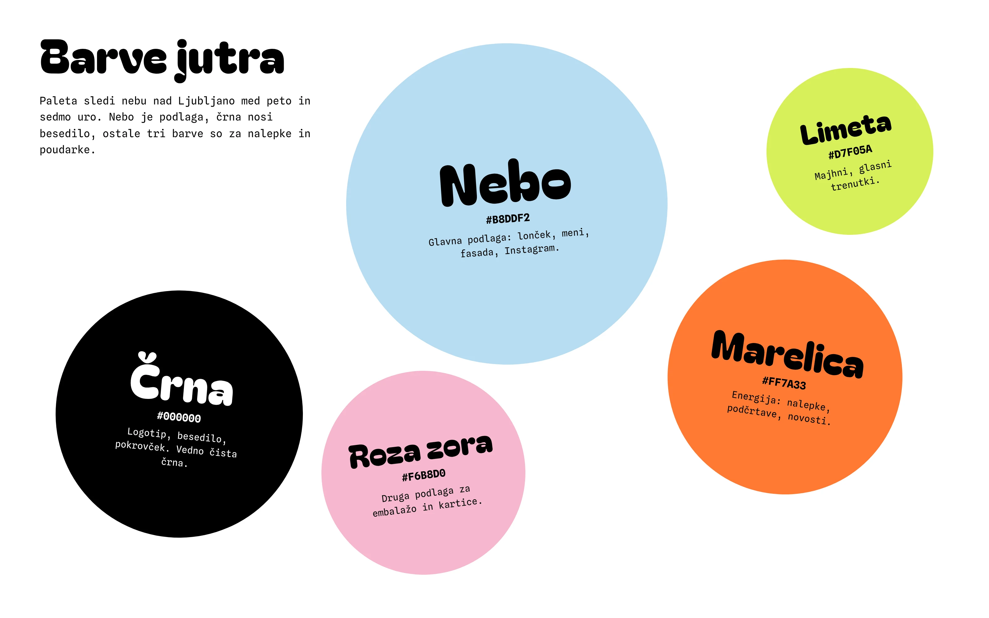 Paleta Barve jutra: nebo, marelica, limeta, roza zora in črna