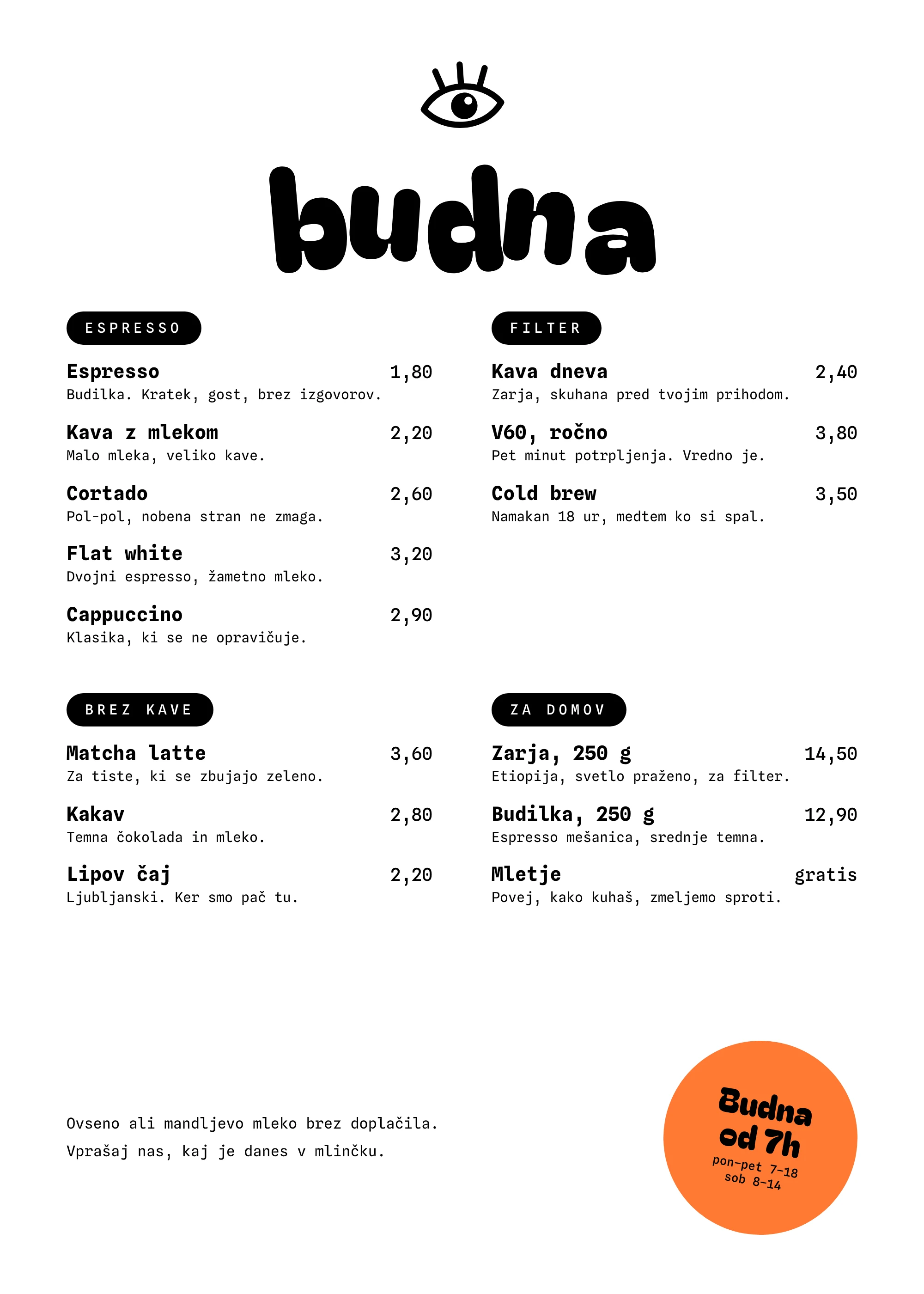 Meni kavarne Budna